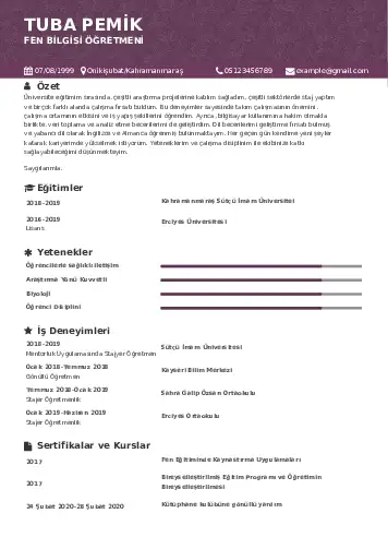 Fen Bilgisi Öğretmeni CV Örnekleri cv indir